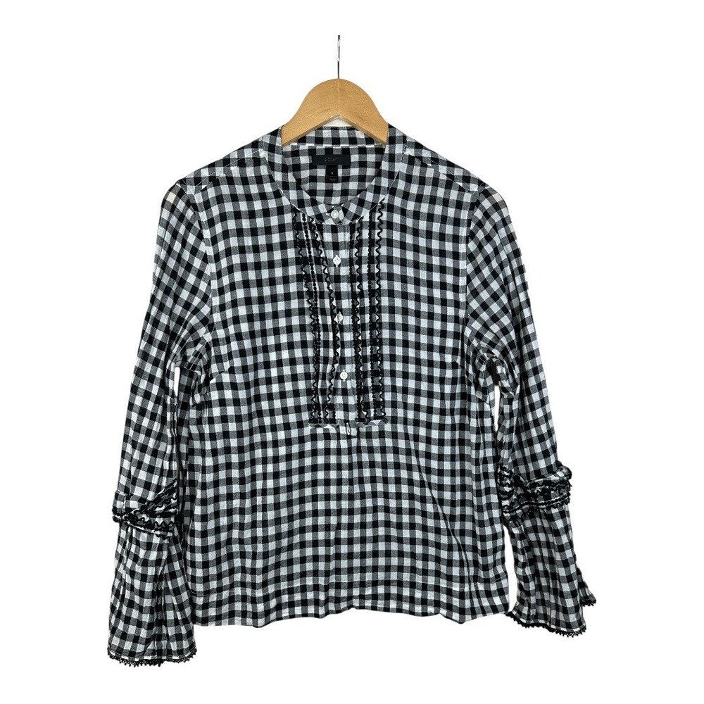 J. Crew Womens Black White Gingham Bell Sleeve Top Ruffled‎ Size 8